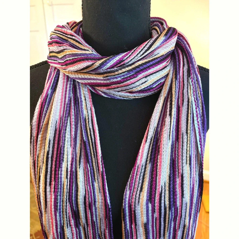 Missoni Brown Label Foulard Space Dye Stripe Fringe Scarf Purple Pink Italy 68